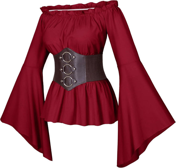 Womens Renaissance Victorian Peasant Ruffle Smocked Waist Boho Pirate Shirt Blouse with Belt Set
