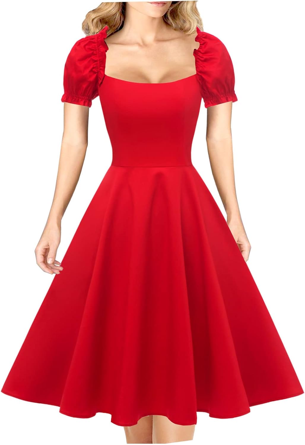 Women's Puff Short Sleeve 1950s Party Dresses Square Neck Aline Dress with Pockets