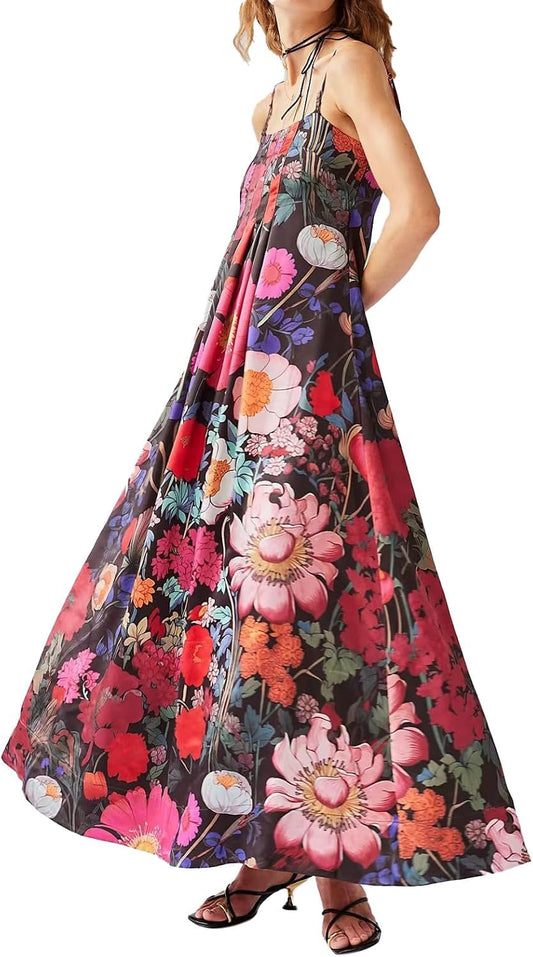 ABYOVRT Women Boho Floral Maxi Dress Backless Spaghetti Strap A-Line Flowy Summer Vacation Long Dress