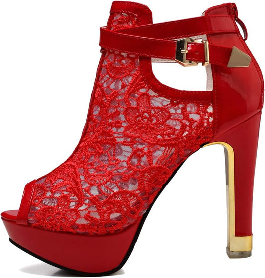 Women's Pretty Lace Flowers Open Toes High Heels Ankle Boots