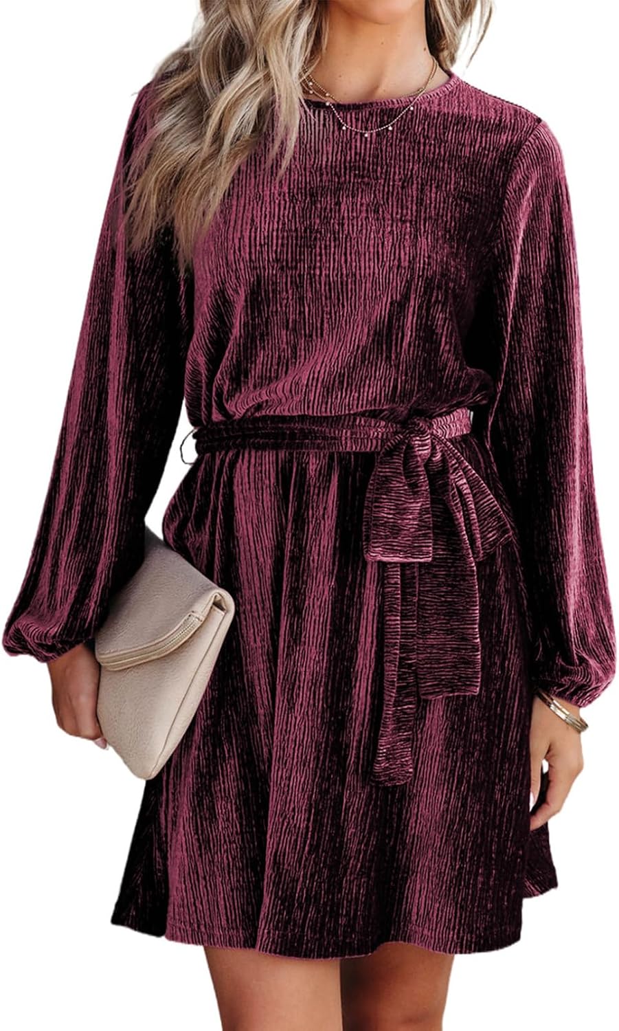 Happy Sailed Women's Velvet Dress Lantern Sleeve High Waist A-Line Skater Cocktail Party Dresses with Belt Business wear