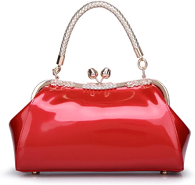 Glossy Patent Leather Evening Bag — Braided Handle Kiss Lock Handbag