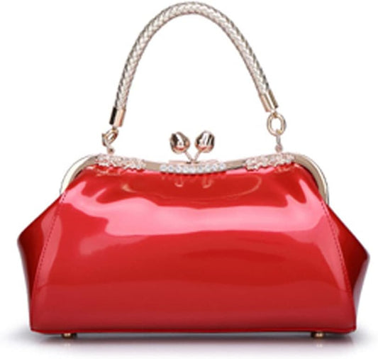 Glossy Patent Leather Evening Bag — Braided Handle Kiss Lock Handbag