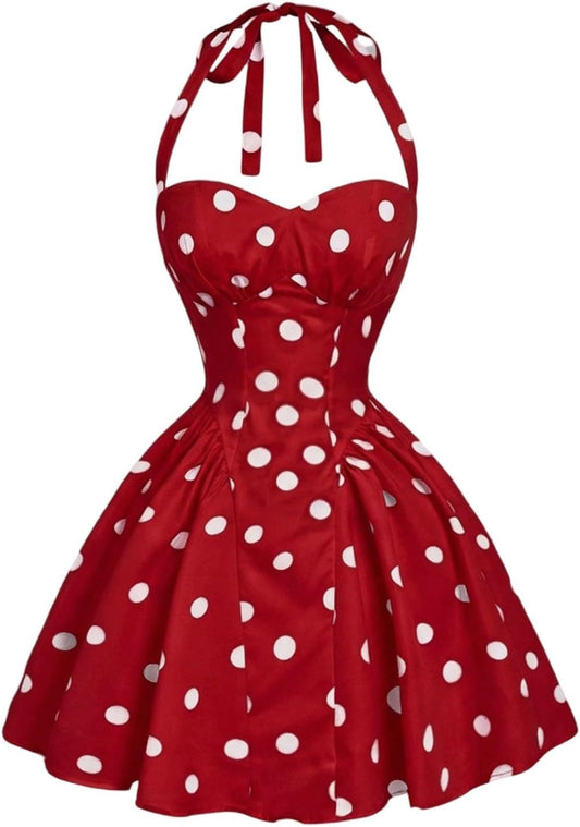 Women's Vintage 1950s Halter Neck Rockability Swing Dress Smocked Fit and Flare Sundress