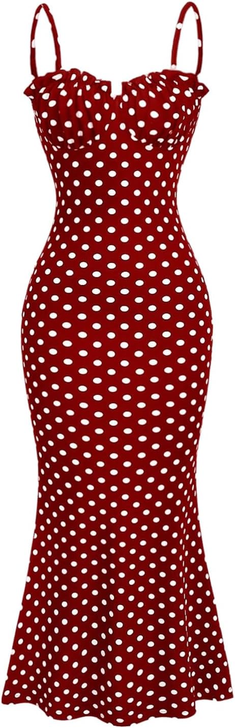 Milumia Women's Polka Dots Frill Trim Cami Dress Fishtail Maxi Dresses