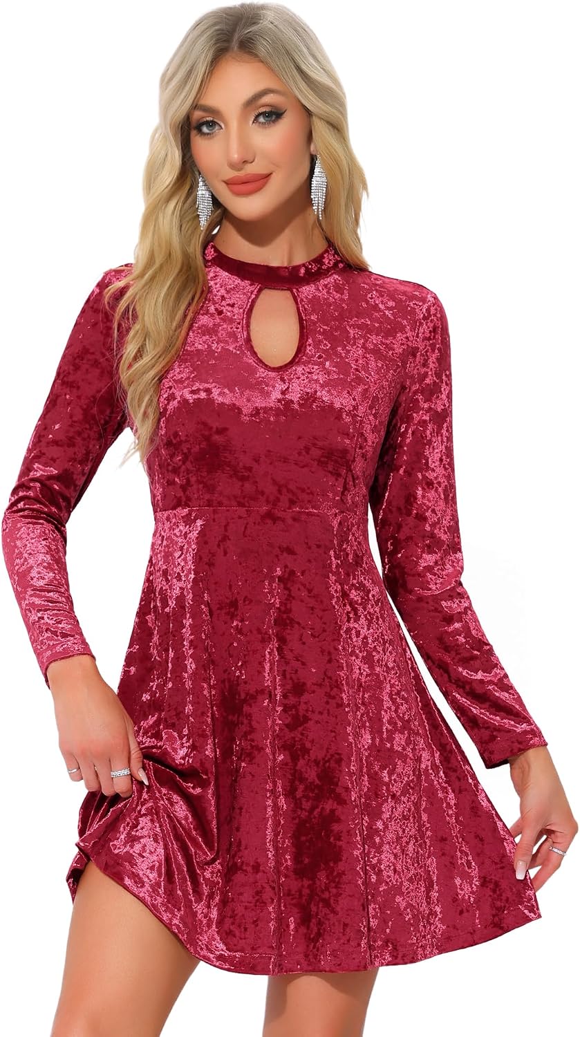 Allegra K Women Velvet High Waist Keyhole Neck Swing Mini Dress