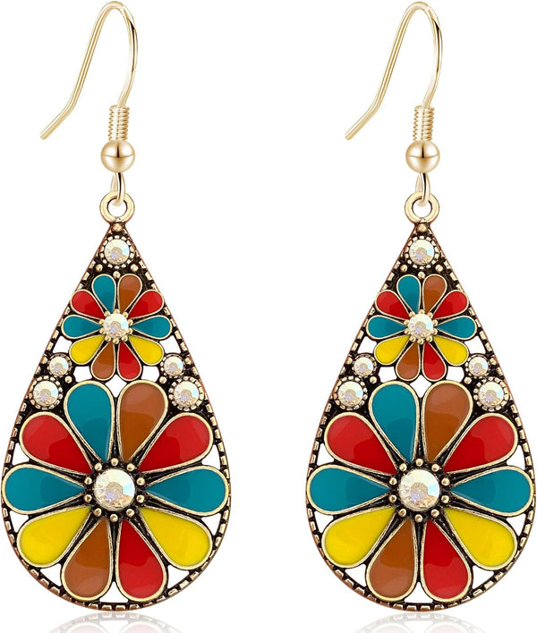 Copper Crystal Teardrop Enamel Flower Earrings
