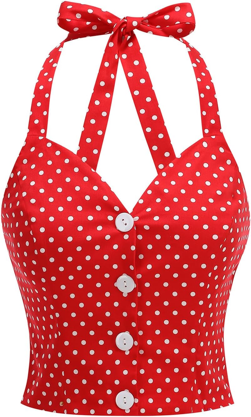 Vintage Tops for Women 1950s Polka Dot 50s Pin up Rockabilly Top Halter V Neck Pinup Retro Tops 50's Vintage Blouses Tank Top Secondary image
