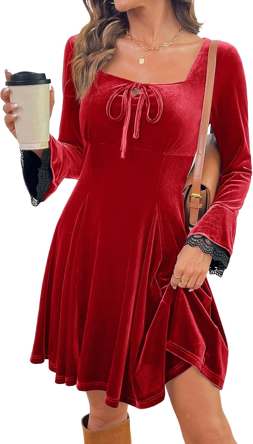 Dokotoo Womens Fall Dresses Lace Long Sleeve Velvet Dress