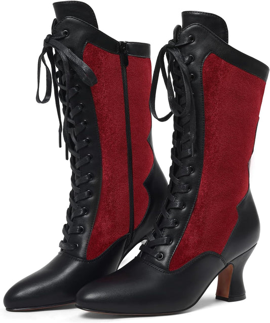 Witch Boots for Women Victorian Lace Up Pirate Mid Calf Boot