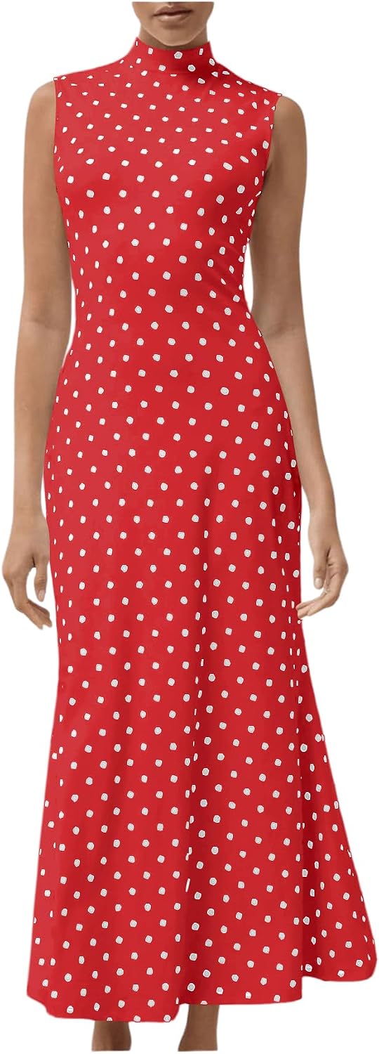 Milumia Women's Polka Dots Maxi Tank Dress Vintage Mock Neck Long Dresses