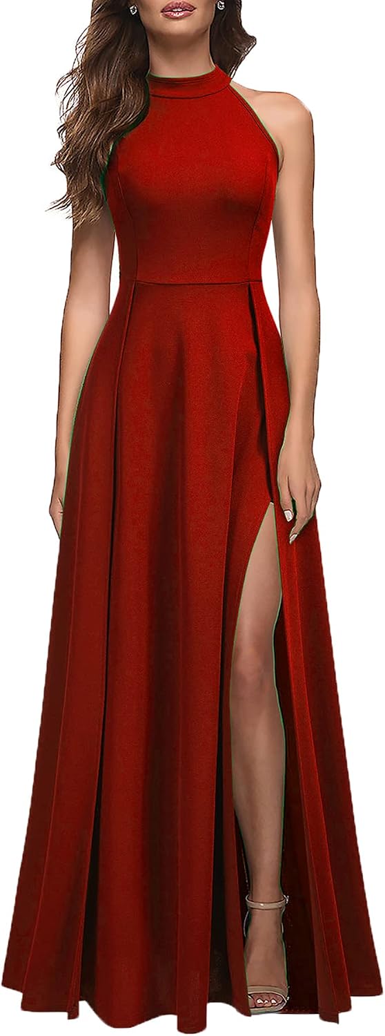 MUSHARE Women's Halter Neck Sexy Split Cocktail Party Maxi Long Formal Dress