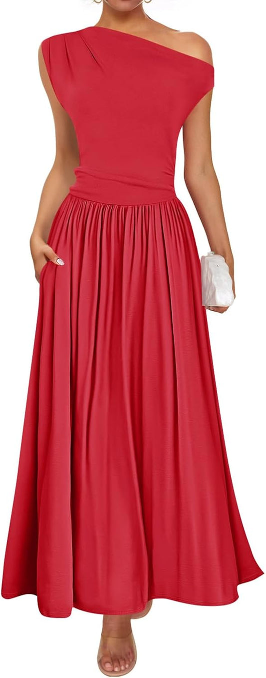 ZESICA Womens Sleeveless One Shoulder Maxi Dress with Pockets