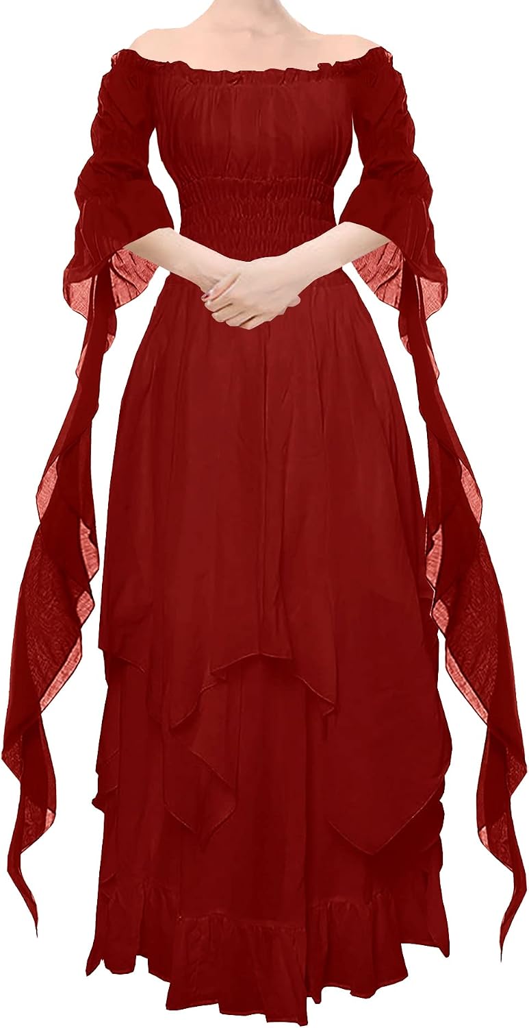 YEAXLUD Women's Victorian Dress Puff Sleeve Off Shoulder Ruffle Medieval Costume for Women Renaissance Dress