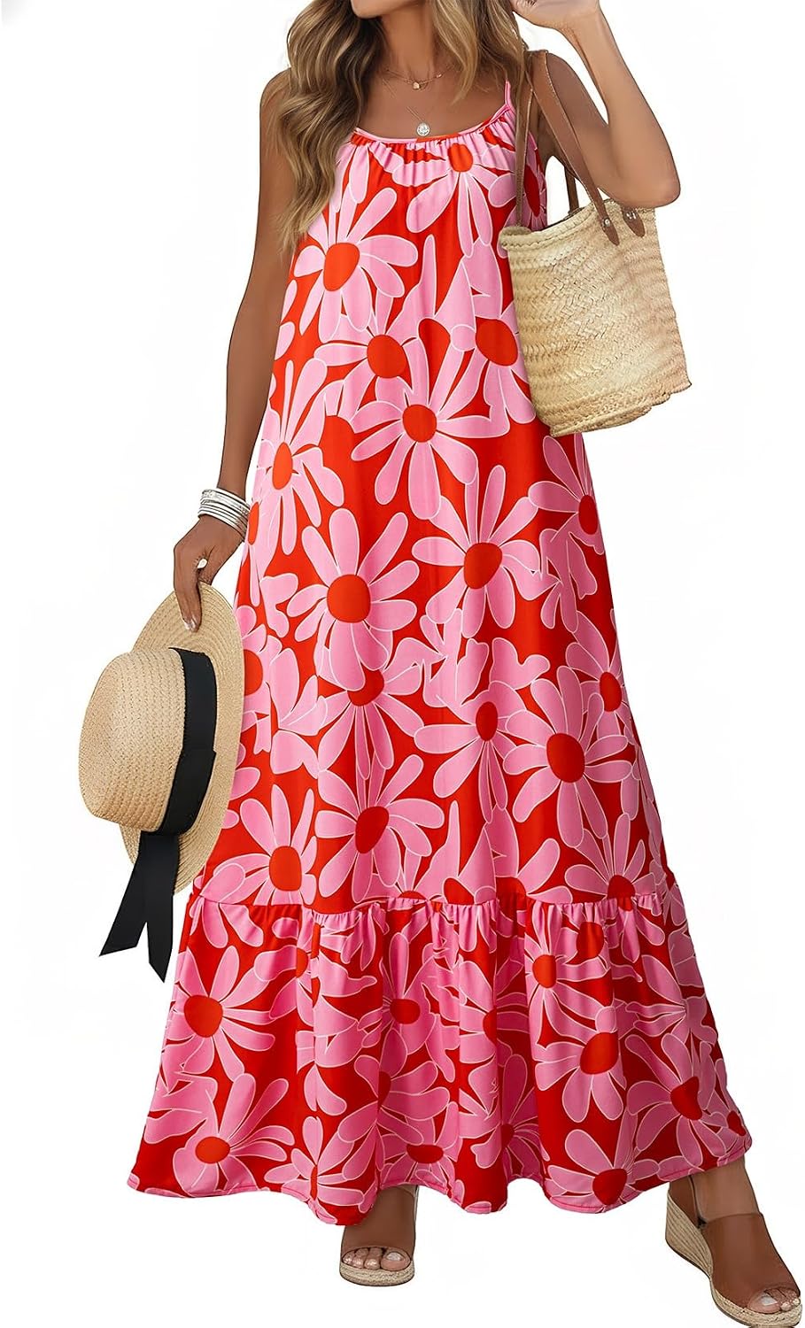 Dokotoo Women Summer Dresses Scoop Neck Ruffle Flowy Boho Maxi Dress