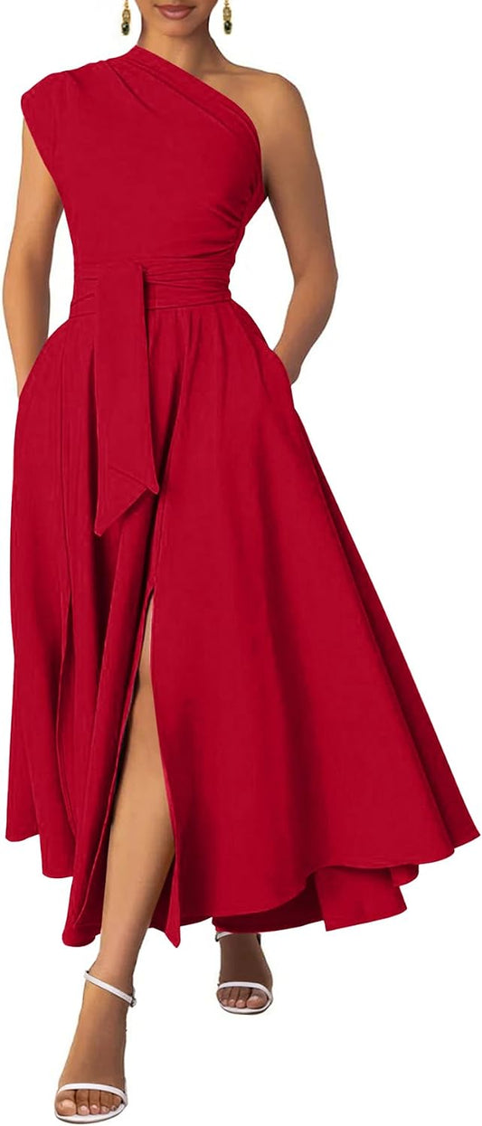 Ekaliy Women's One Shoulder Belted Maxi Dress Formal Wedding Guest Dress