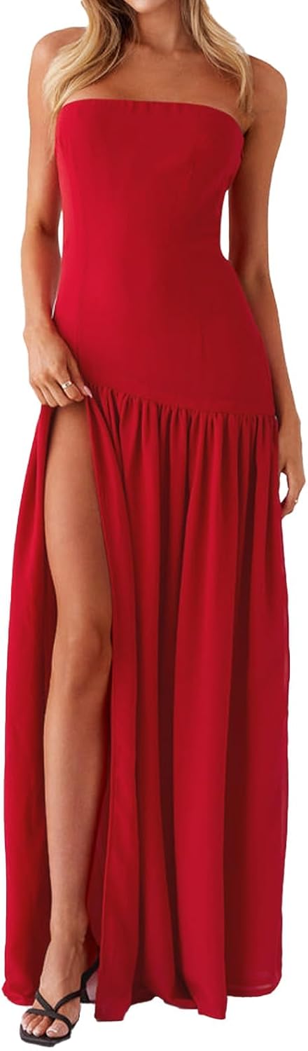 Women Tube Top Dress Tiger Stripe Mesh Patchwork Maxi Dress Strapless Sexy High Slit Long Dresses Beach Vacation Main image