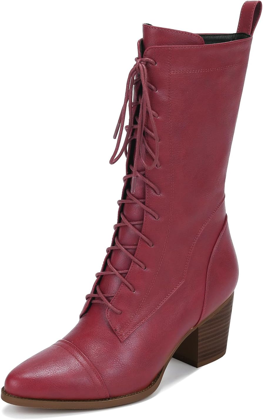 UTIKLIOU Women's Mid Calf Boots Lace up Combat Boots Leather Side Zipper Winter Boots Faux Fur Lining