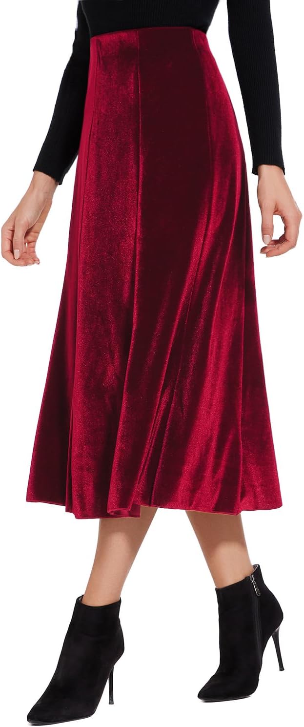 Women’s Elegant Vintage Velvet Midi Skirt Flowy 8-Panel Design
