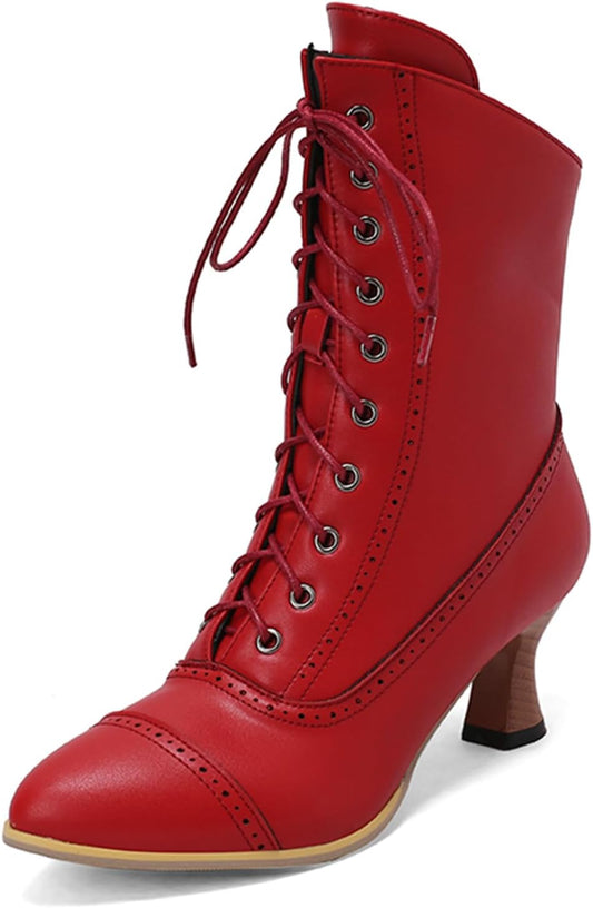 LanreyTaley Victorian Boots for Women Vintage Granny Boots Renaissance Ankle Boots Low Heel Lace Up Booties with Zipper