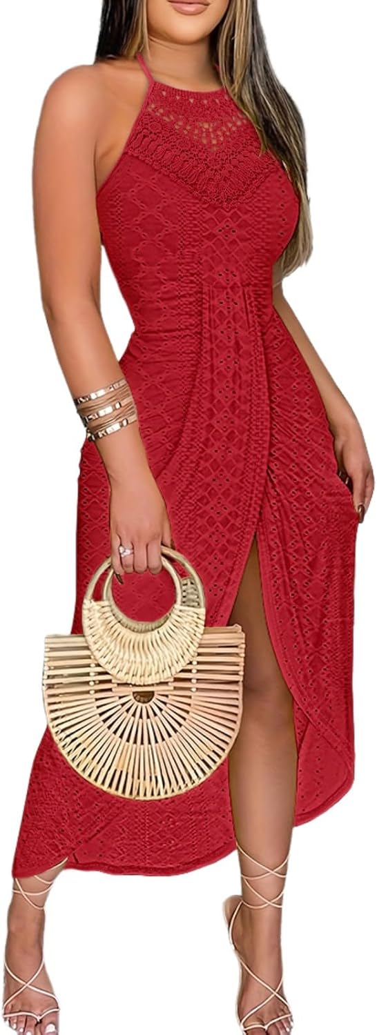 CHICME Womens Summer Halter Dress Hollow Out A Line Vacation Dress