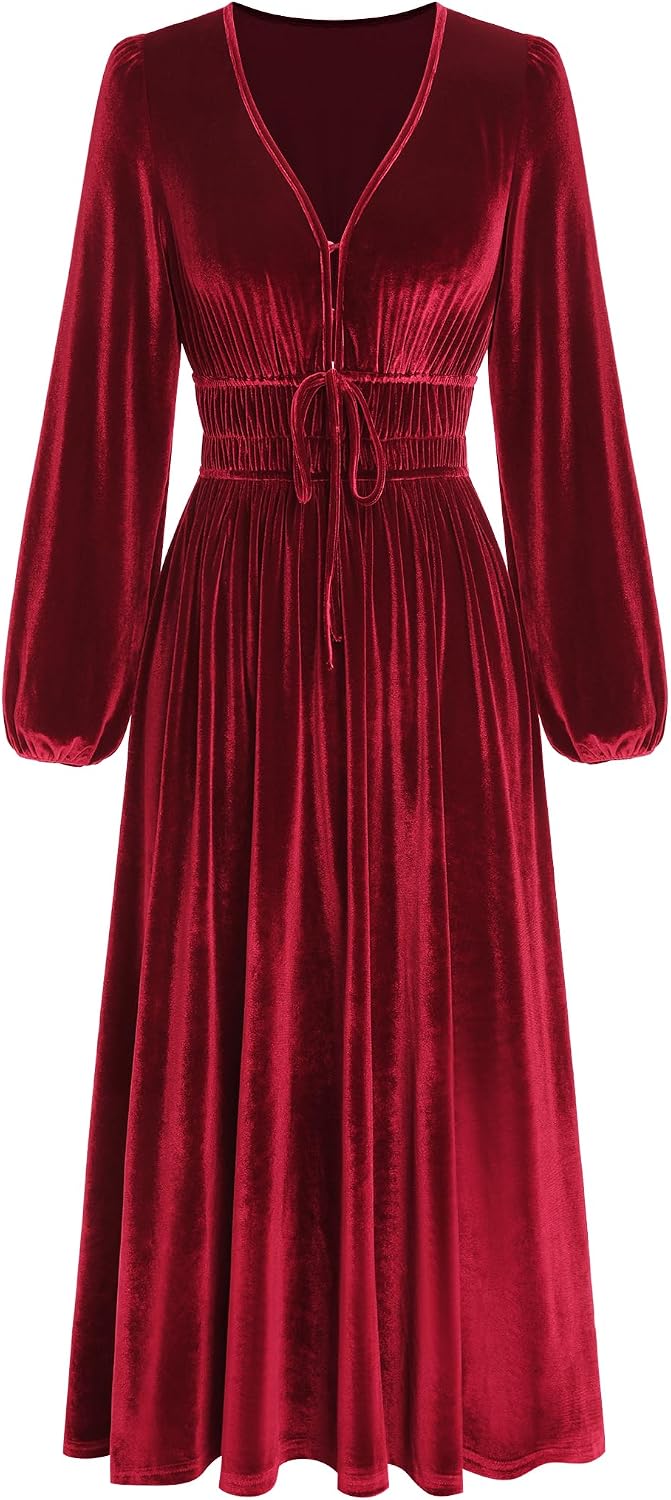 ZAFUL Women's V Neck Velvet Midi Dress Long Sleeve Formal Cocktail Dress