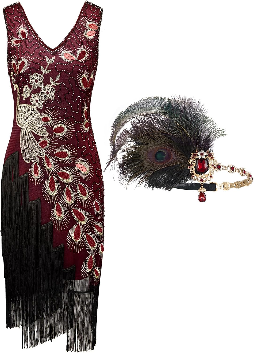 YESSA 1920s Peacock Dresses for Women,Flapper Gatsby Dress with Headband Main image