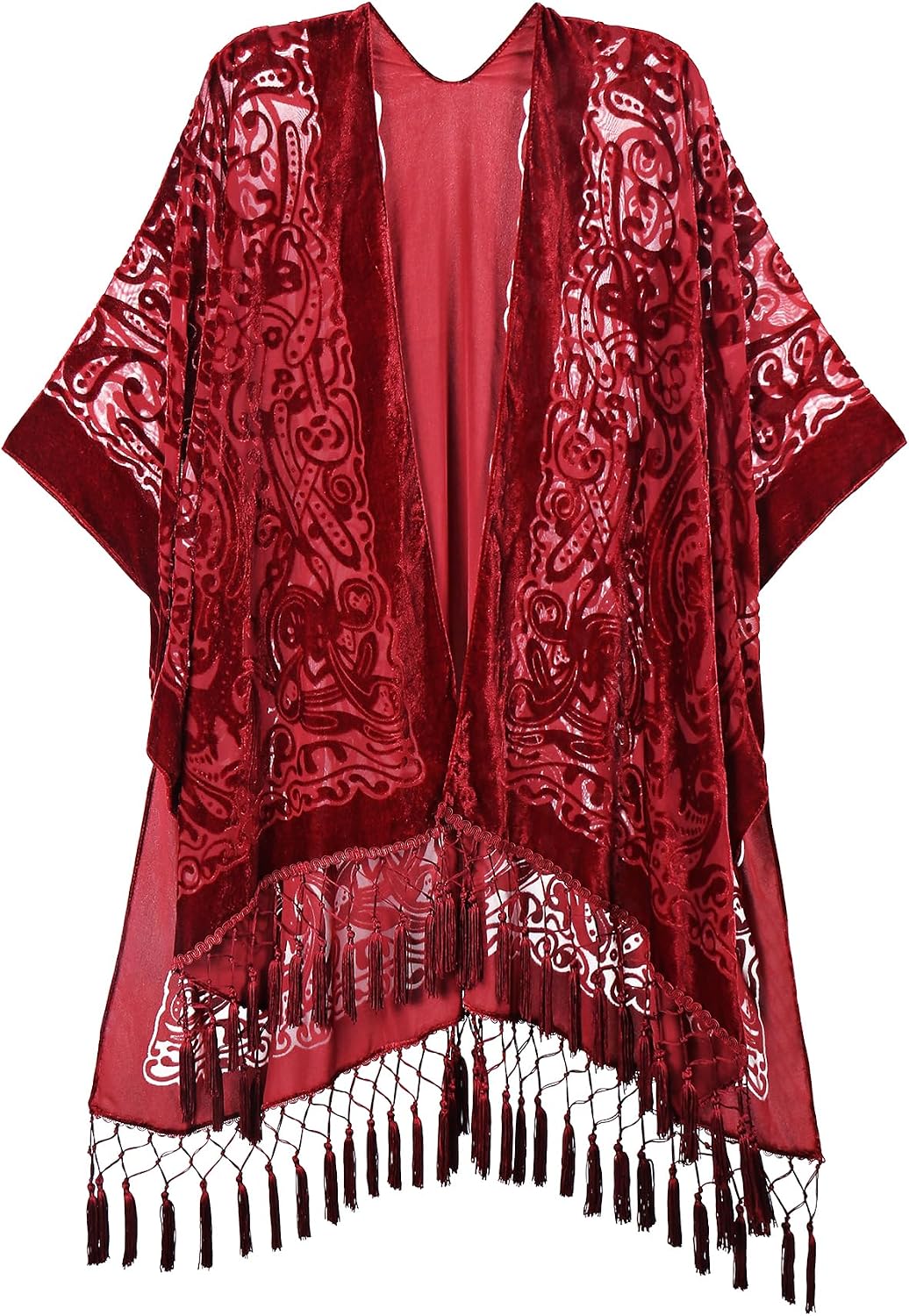 Women's Burnout Velvet Kimono Long Cardigan Cover Up With Tassel