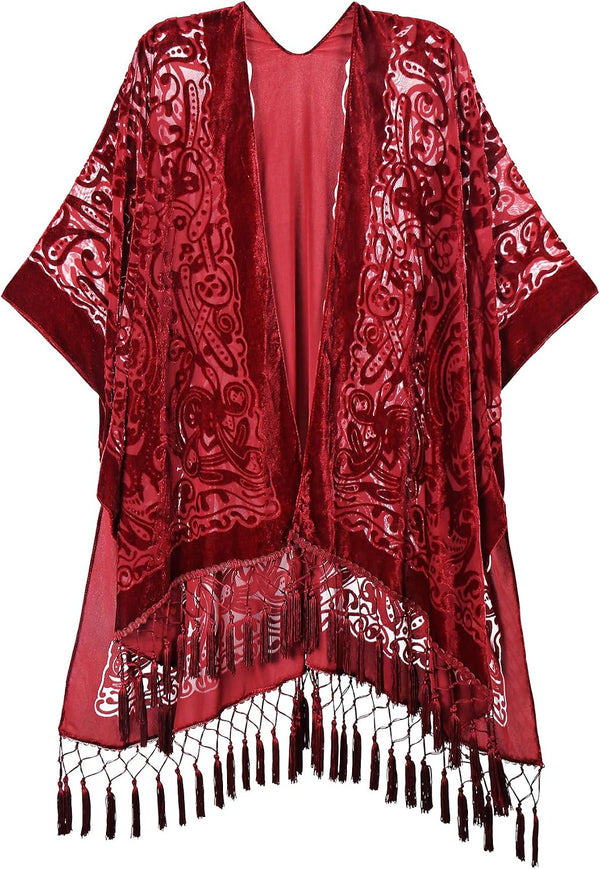 Women's Burnout Velvet Kimono Long Cardigan Cover Up With Tassel