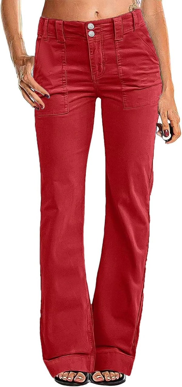 Women Mid Waist Dress Flare Straight Leg Corduroy Pants