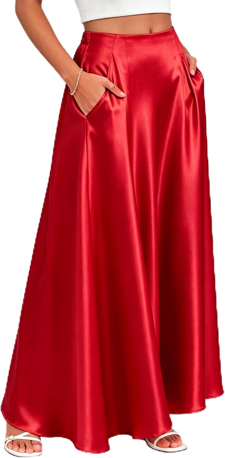 Maxi Satin Skirts for Womens High Waisted Flowy Long A line Skirt Trendy for Office Holiday Party