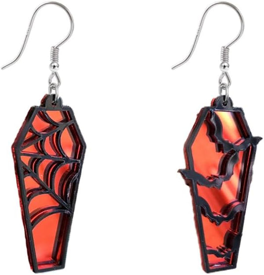 Halloween Coffin Mirror Asymmetric Hook Hoop Earrings Acrylic Bat Spider Web Horror Casket Dangle Drop Earring Punk Jewelry Gifts for Women Bff