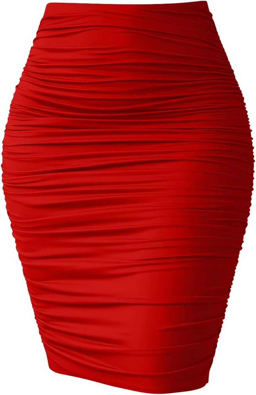 eoeoo Women High Waist Ruched Elegant Bodycon Stretch Midi Pencil Skirt
