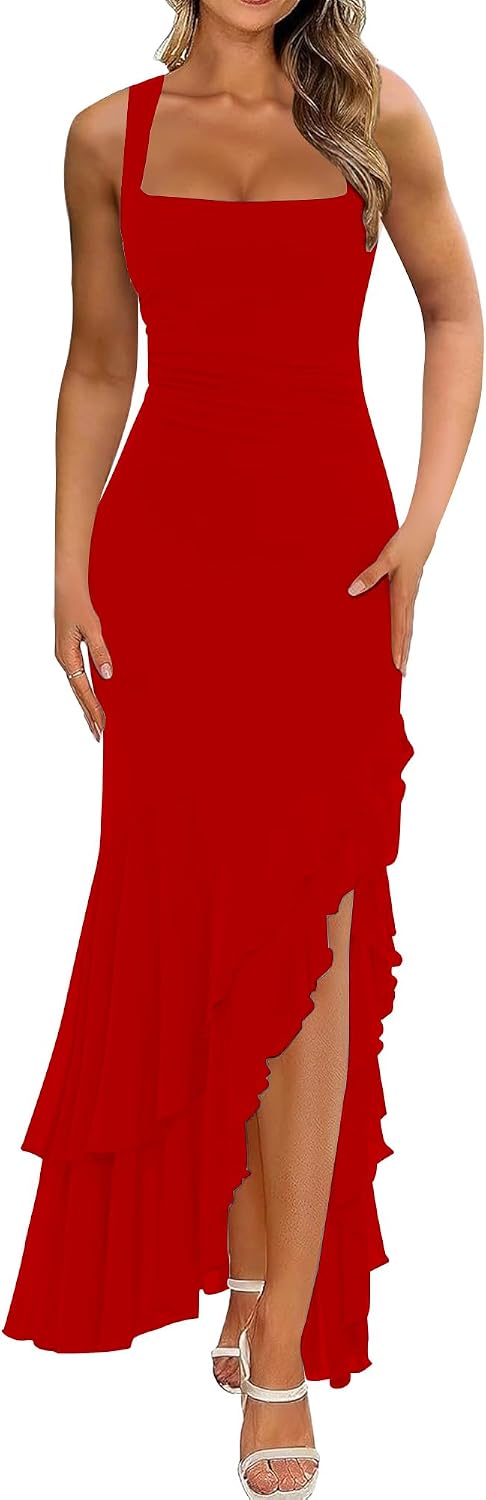 BORIFLORS Women's Elegant Bodycon Ruched Maxi Cocktail Dress