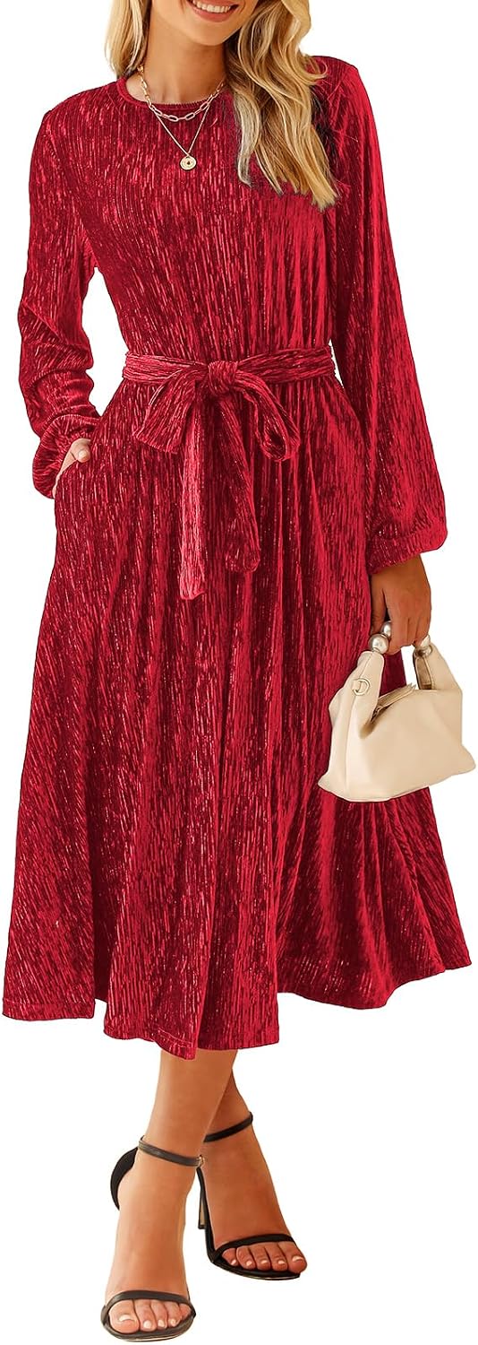 Happy Sailed Women's Velvet Dress Fashion Fall Winter Long Sleeve High Waist A-Line Semi Formal Wedding Guest Dresses