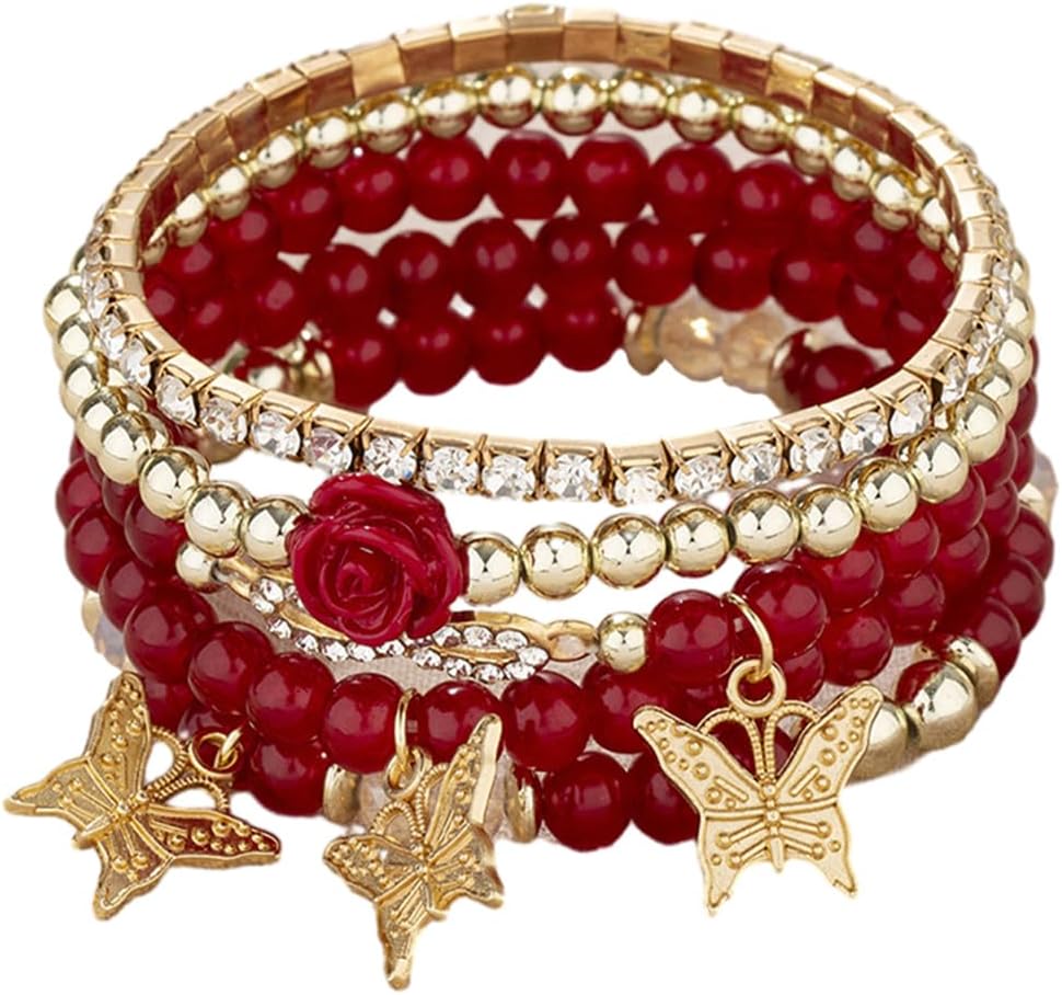 4 Pcs Cute Butterfly Charm Bracelets Set Gold Beaded Stackable Stretch Bracelets Bohemian Summer Jewelry Gifts for Women