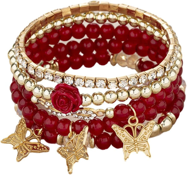 4 Pcs Cute Butterfly Charm Bracelets Set Gold Beaded Stackable Stretch Bracelets Bohemian Summer Jewelry Gifts for Women