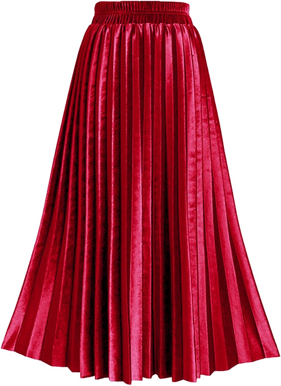 TONCHENGSD Women's Fall Winter Velvet Midi Skirt High Elastic Waist Pleated Skirt