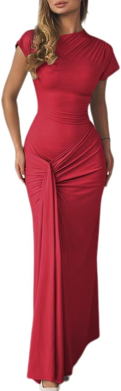 Mojessy Women Bodycon Maxi Dress Sexy Mock Neck Lace Up Bandage Ruched Short Sleeve Long Dress Cocktail Dress