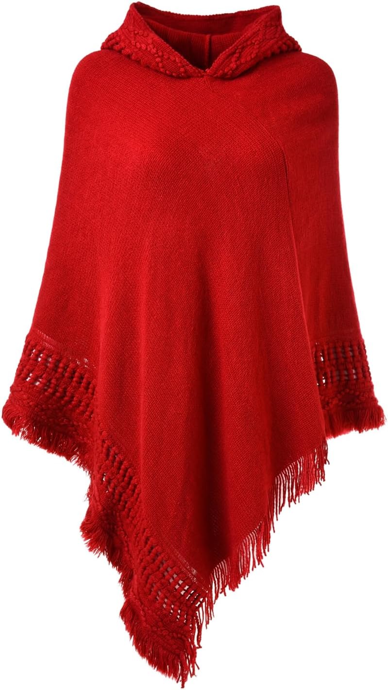Ferand Women's Witchy Hooded Knit Poncho with Fringe