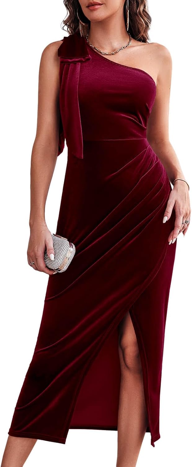 Wenrine Womens Velvet Midi Dress Fall Bodycon Evening Dresses