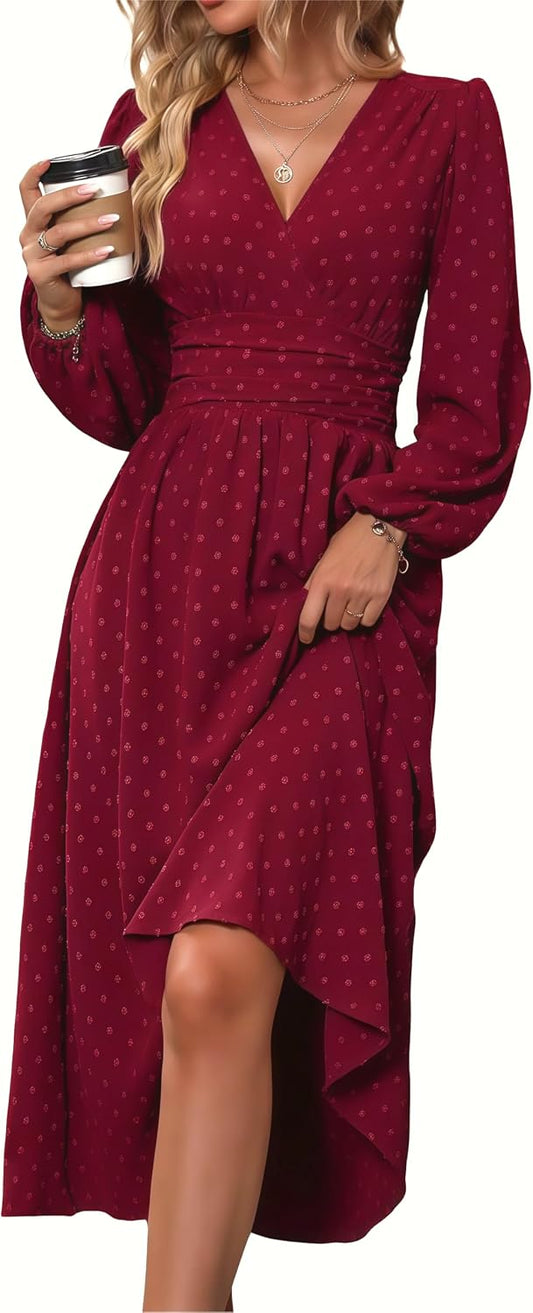 Mettclasi Women's Spring Fall Swiss Dot V-Neck Midi Dress Casual Puff Long Lantern Sleeve A-Line Flowy Wedding Guest Dress