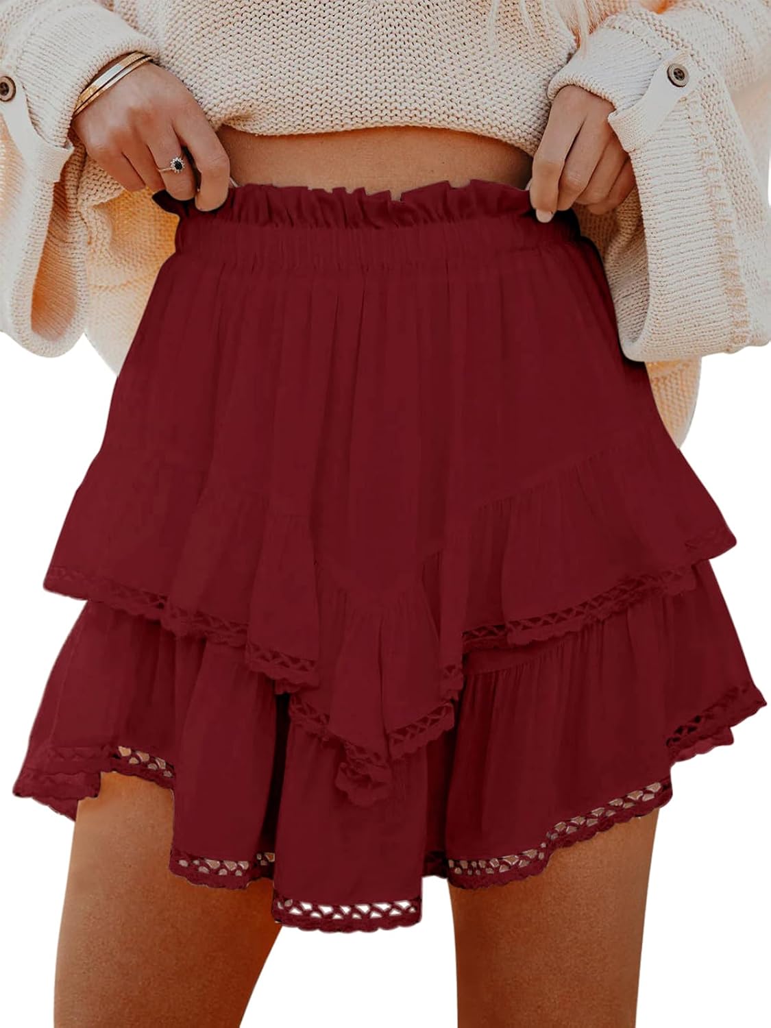 Flowy Shorts for Women Casual Boho Ruffle Tiered Skorts High Waist Mini Skirts Golf Tennis Crochet Shorts