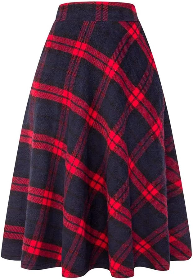 Long Plaid Wool Skirt for Womens Winter Fall Warm High Elastic Waist A line Flared Pleated Wool Tartan Skirts