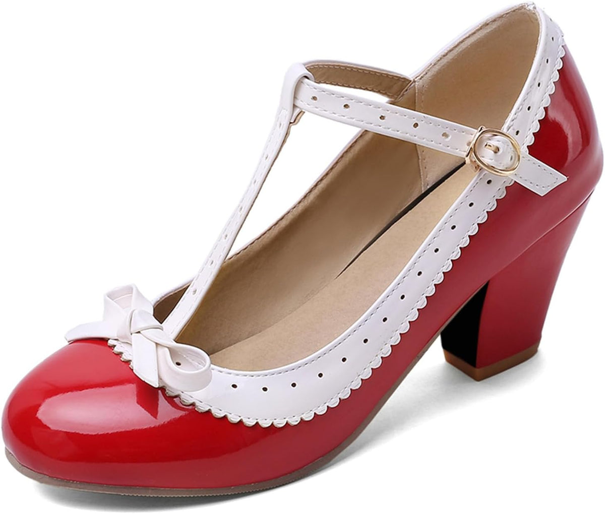 Bellirala Womens Rockabilly Shoes T-Strap Mary Jane Block High Heel Closed Toe Pumps