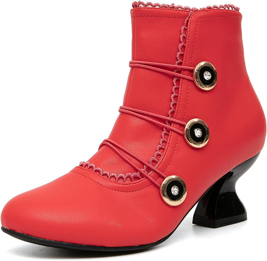 Women's Ankle Boots Low Heels Lace Buttons Round Toe Side Zipper Vintage Short Boots Autumn Winter