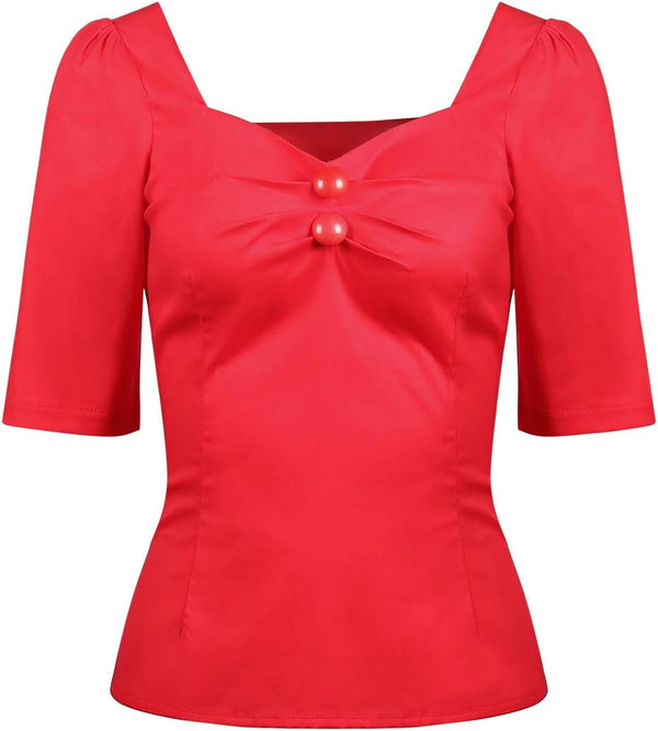 YARN & INK Women's 1950s Pinup Tops, Rockabilly Vintage Blouse Medium Sleeves Sweetheart V-Neck Shirt