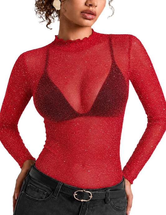 Women's Sheer Mesh Top, Mock Neck Long Sleeve Sparkly Going Out Shirt S-XXL