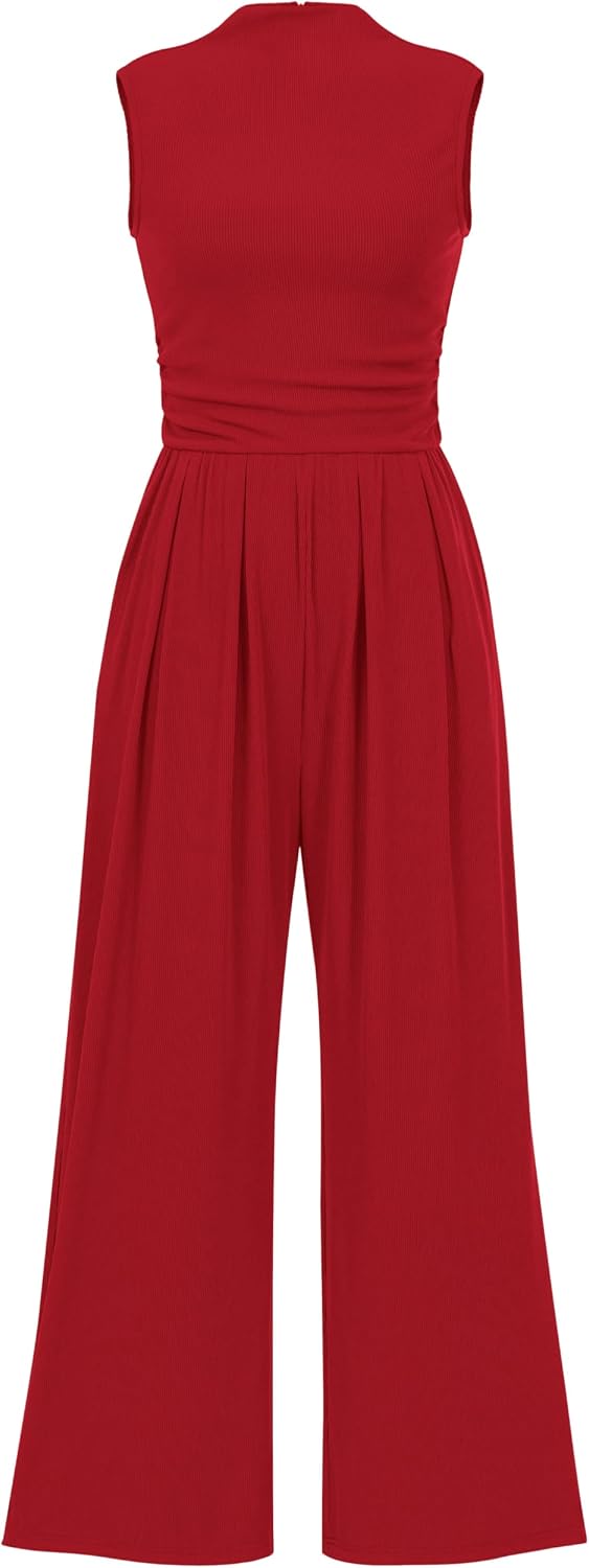 PRETTYGARDEN Women's Summer Dressy Casual Jumpsuits | Cozy Ribbed Fabric, Sleeveless Mock Neck, Back Zipper, Pockets, Wide Leg Pants Rompers, Fashion Clothing, One Piece Outfits