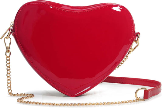 Heart-Shaped Glossy Vegan Leather Chain Crossbody Bag